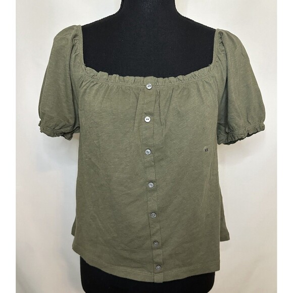 AMERICAN EAGLE Crop Olive Green Puff Sleeve‎ Lightweight Top SIZE XS NWT - Picture 1 of 9